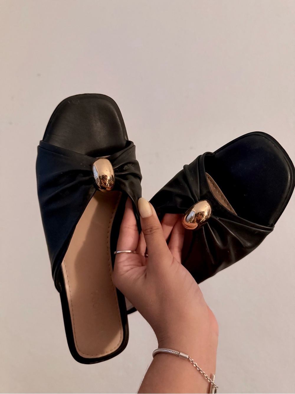Black Slip-On Knot Mules with Gold Accent - Women